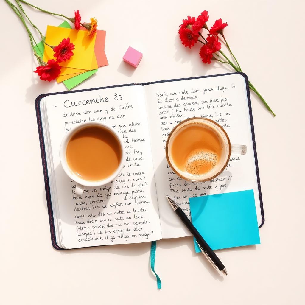 Notebook with handwritten Spanish phrases and coffee