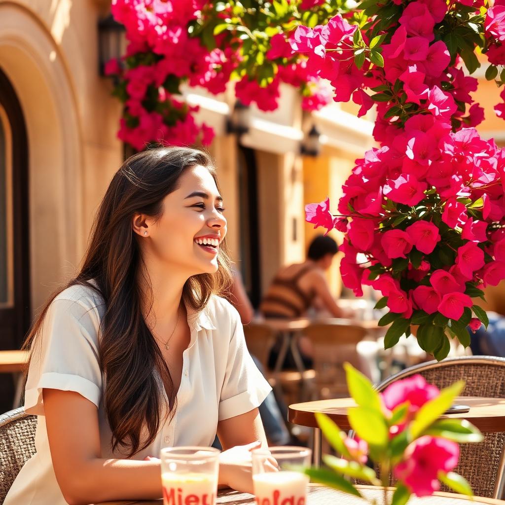 Woman laughing during a Spanish conversation at a cafe