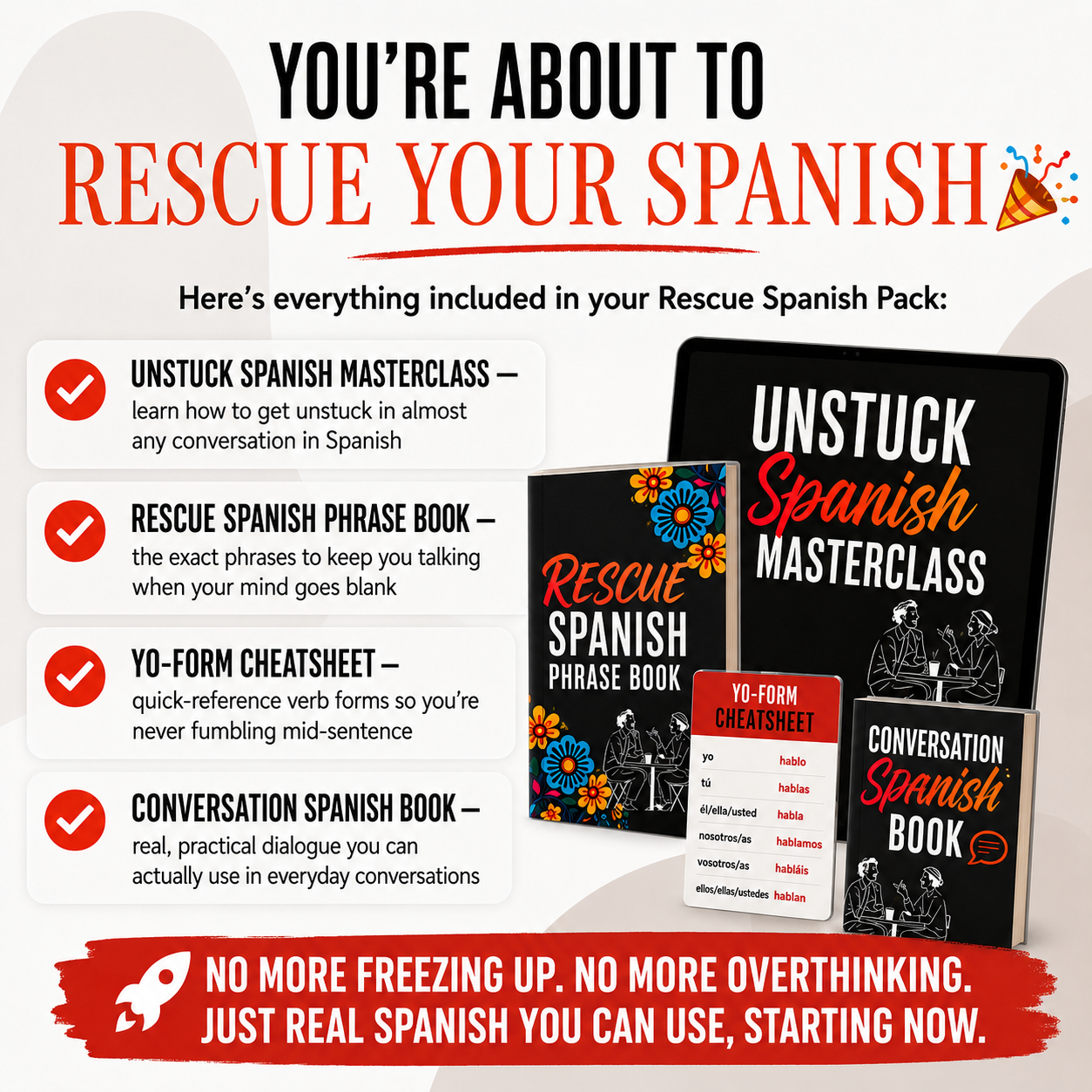 Unstuck Spanish Masterclass on a laptop with The Spanish Rescue Pack, Spanish Conversation Book, and Conversation Starters Cheat Sheet