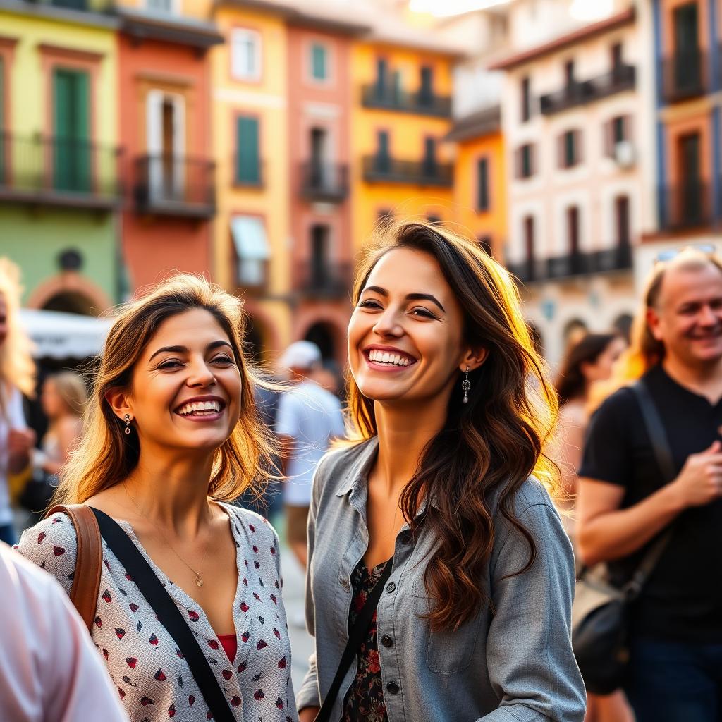 Confident woman speaking Spanish in a vibrant plaza
